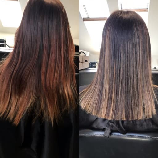 Hnědé vlasy s melírem před a po oživení barvy.