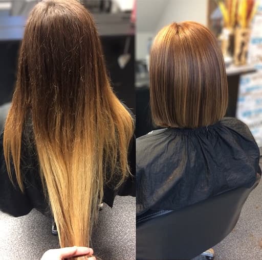 Ombre styl na středně dlouhých vlasech před a po.