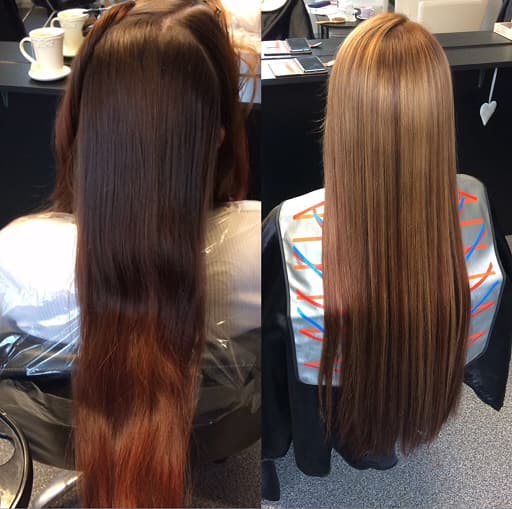 Přirozeně hnědé vlasy narovnané před a po ošetření.